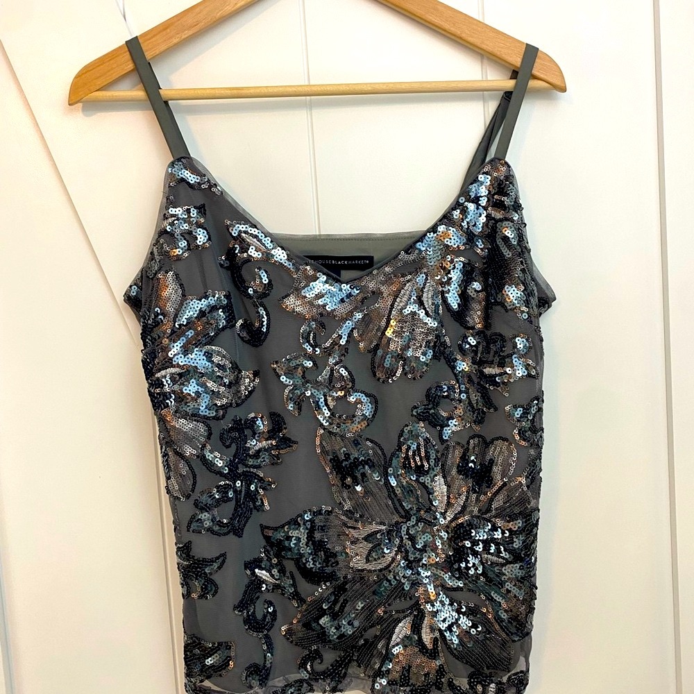 White House Black Market Gray Sequin Flower Cami Size S Feminine Romantic